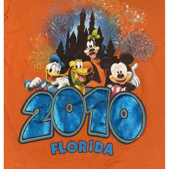 Disney T Shirt Kids Large 12 14 Orange‎ 2010 Fireworks Castle Mickey Mouse - Picture 2 of 7